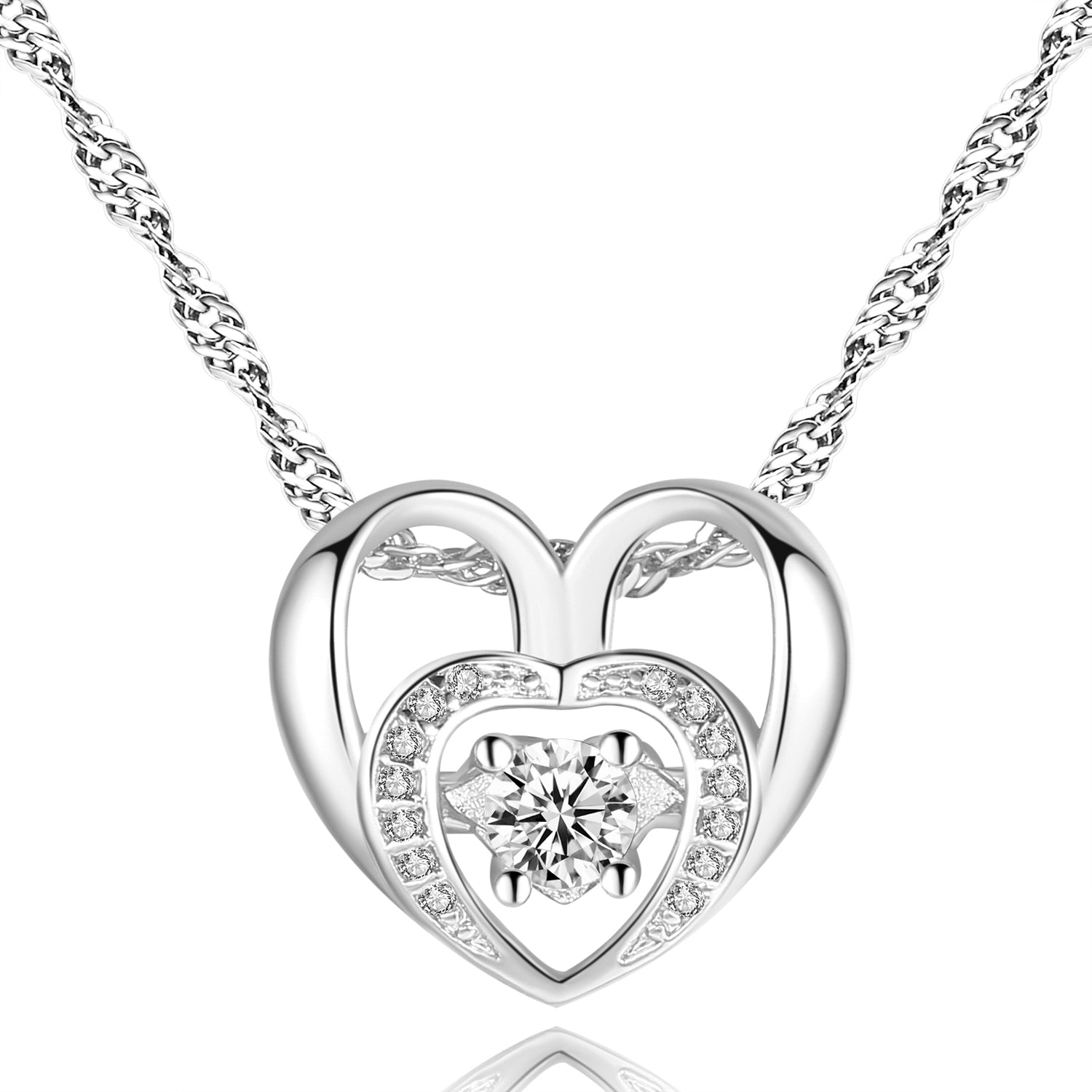 Silver Cubic Zirconia Double Heart Necklace