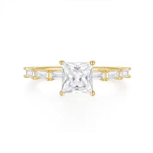 Luxurious 18K Gold Plated Sterling Silver Ring with Princess-Cut AAAAA Cubic Zirconia