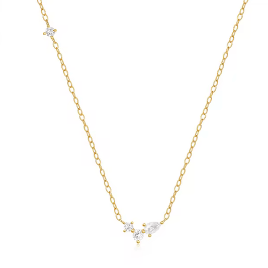 18K Gold Plated Sterling Silver Necklace with Three Round and One Pear Cut Cubic Zirconia Stones