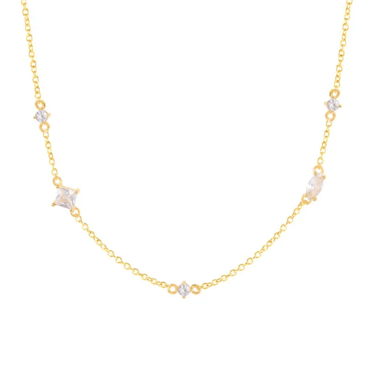 18K Gold Plated Sterling Silver Necklace with Oval, Round, and Princess Cut Cubic Zirconia