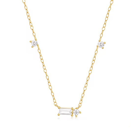 18K Gold Plated Sterling Silver Necklace with Three Round Cut and One Emerald Cut Cubic Zirconia Stones