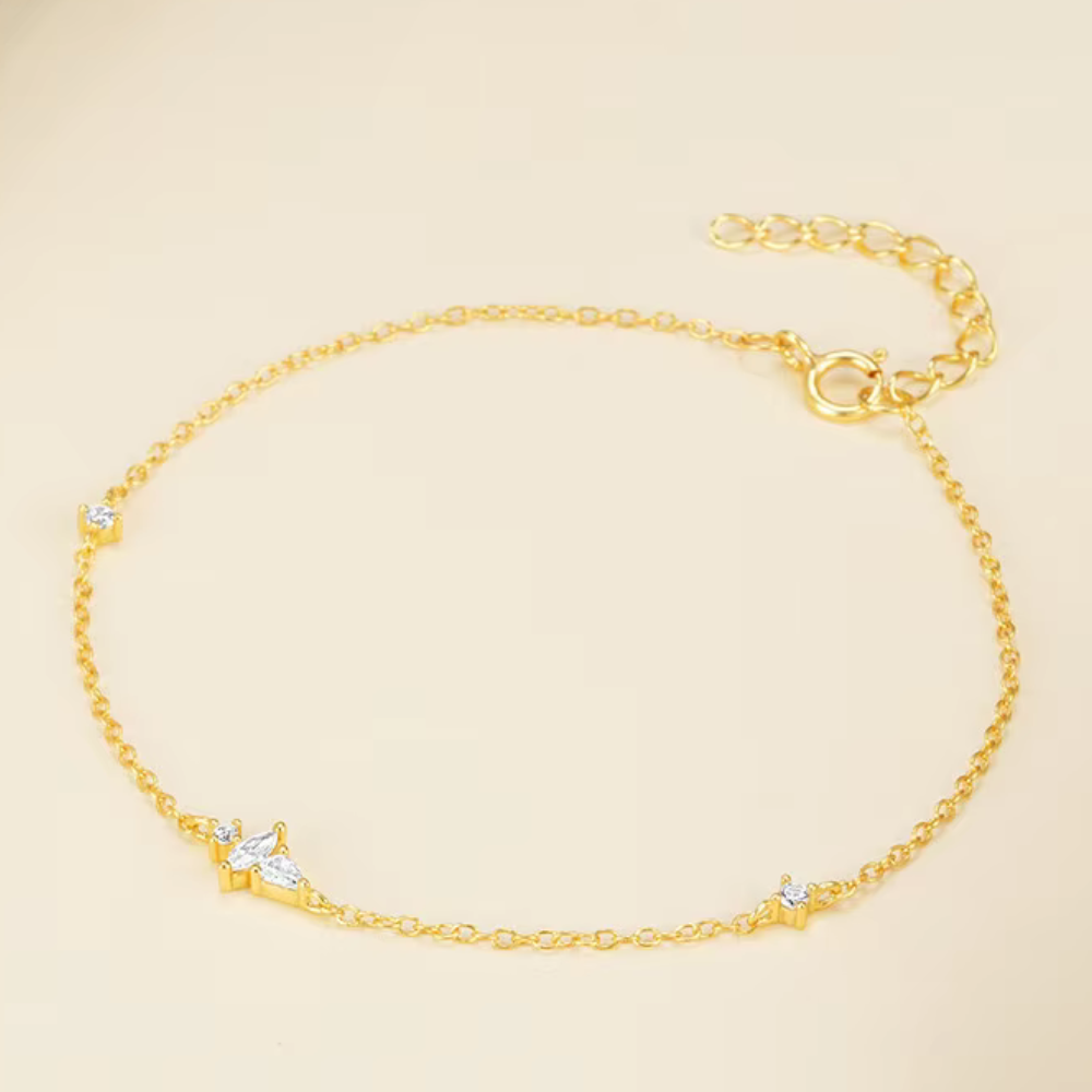 18K Gold Plated Sterling Silver Dainty Cable Chain Bracelet with Marquise, Pear, and Round Cut Cubic Zirconia Accents