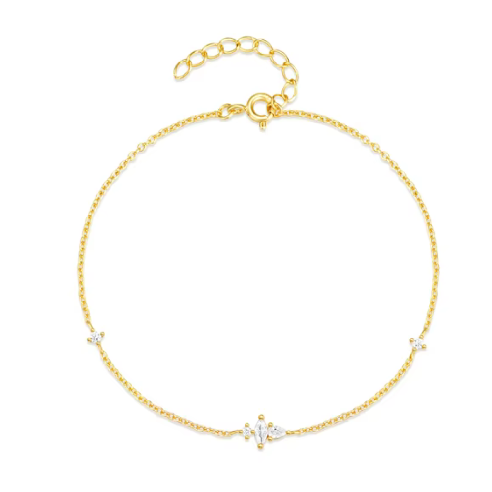 18K Gold Plated Sterling Silver Dainty Cable Chain Bracelet with Marquise, Pear, and Round Cut Cubic Zirconia Accents