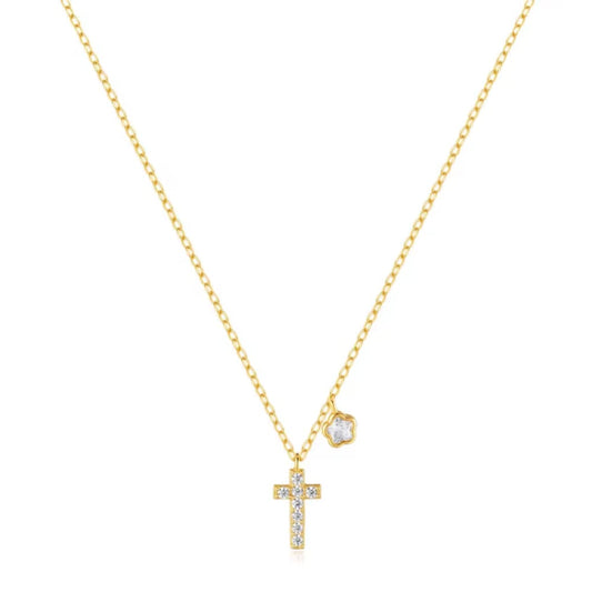 Gold-Plated Sterling Silver Cross Necklace with Sparkling CZ and Floral Charm