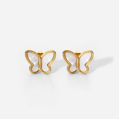 Gold Butterfly Stud Earrings Featuring Mother of Pearl Inlay