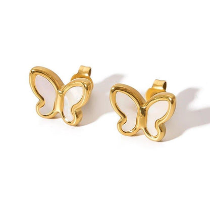 Gold Butterfly Stud Earrings Featuring Mother of Pearl Inlay